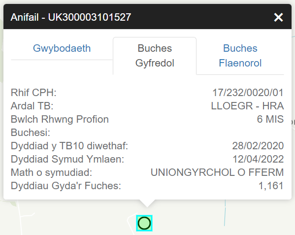Delwedd yn dangos rhyngwyneb tagiau clust anifeiliaid buches gyfredol