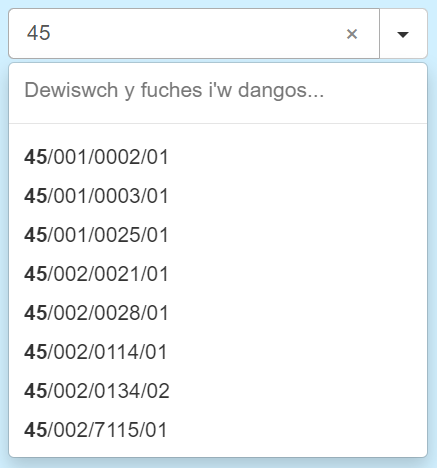 Delwedd yn dangos rhyngwyneb chwilio am fuches