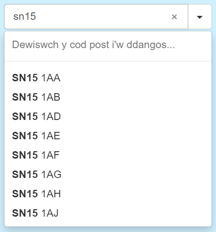 Delwedd yn dangos rhyngwyneb chwilio am god post